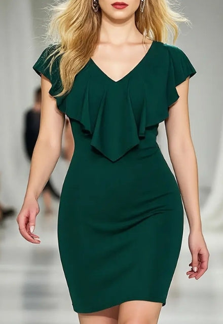 Elchic Emerald Ruffle Bodycon V Neck Mini Dress