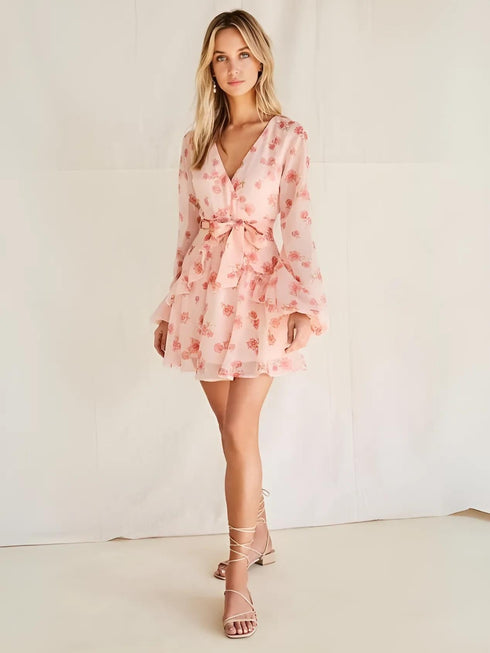 Elchic Floral Print Georgette Belted Mini Dress