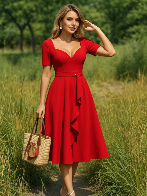 Elchic Sweetheart Neck Solid Short Sleeve Midi Dress