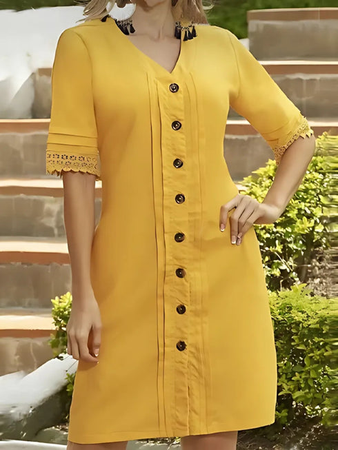 Solid yellow Buttoned Knee length Dress