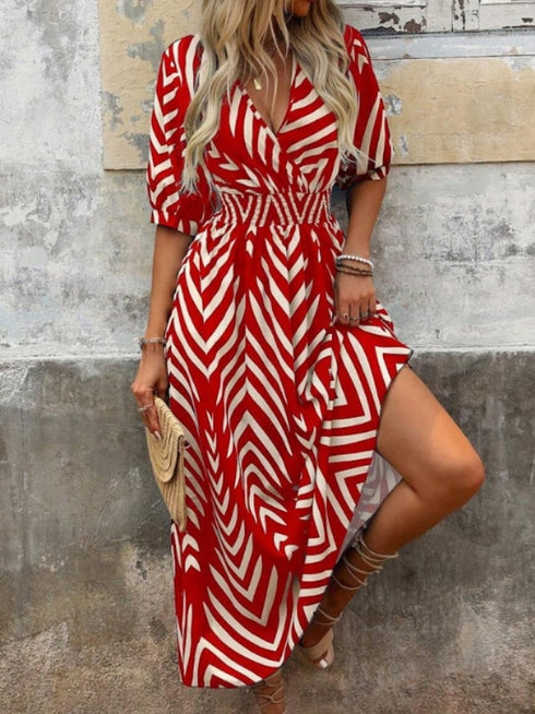 Elchic Geometric Print V-Neck Ruched Waist Dress