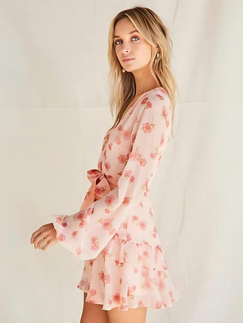 Elchic Floral Print Georgette Belted Mini Dress