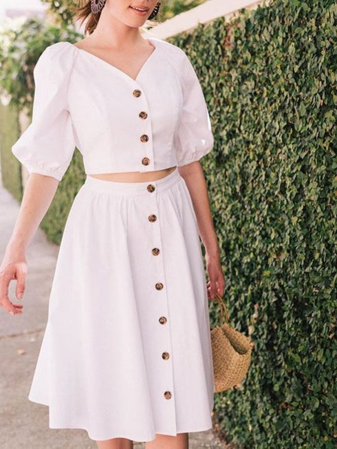 Elchic Sweetheart Neck Top and Button Down Skirt Classy Set