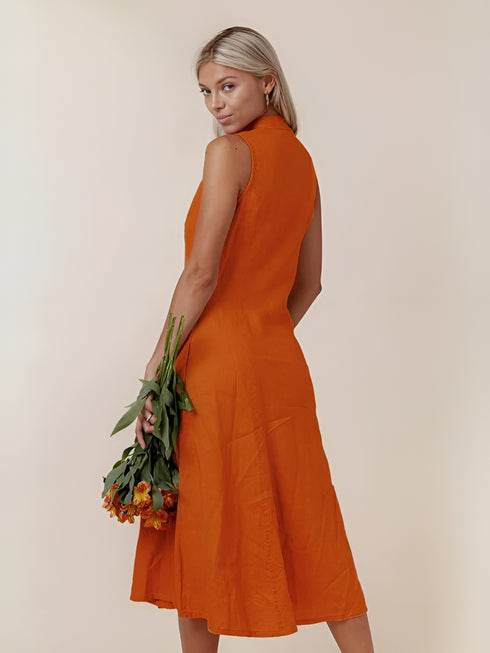 Bold Orange A-line Button Down Dress