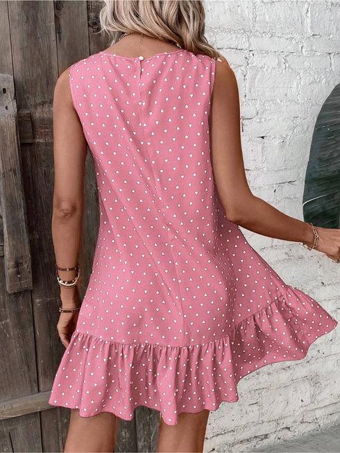 Heart Print Ruffle Hem A-line Pink Dress