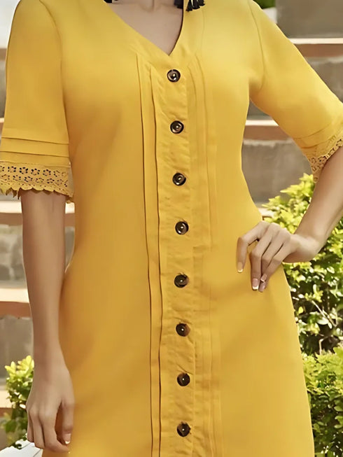 Solid yellow Buttoned Knee length Dress