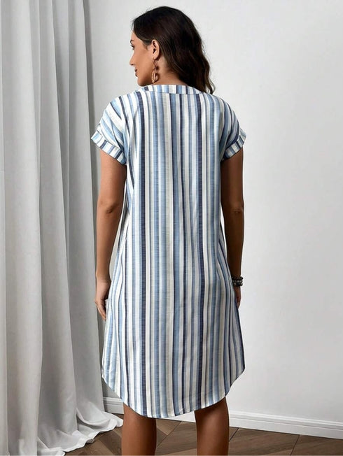 Elchic Casual Stripped V Neck Loose Summer Rayon Dress