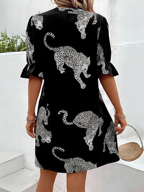 Elchic Animal Print Flounce Sleeves Black Mini Dress