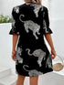 Elchic Animal Print Flounce Sleeves Black Mini Dress