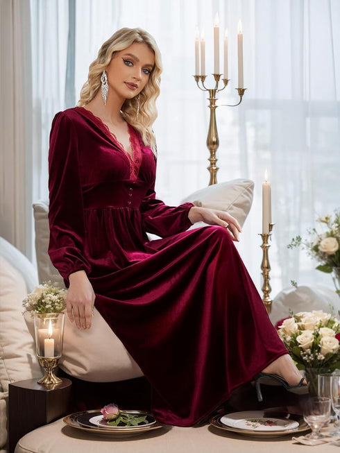 Elchic V Neck Lace Trim Smocked Waist Dress