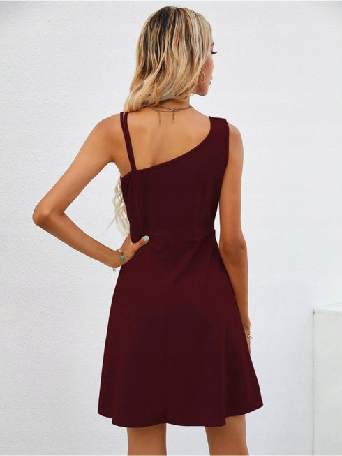 Crimson Chic: Flared Hem Asymmetric Dress in Burgundy