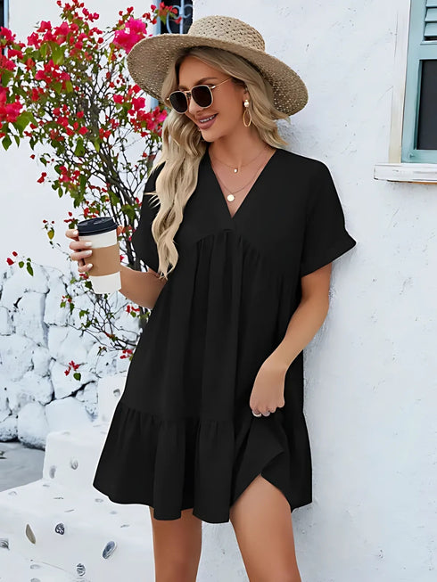 Elchic Ruffle Hem V- Neck Casual Dress
