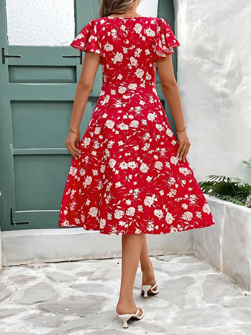 Elchic Red Floral Printed Buttoned Midi Dress