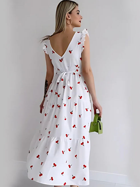 Cherry Print Ruffled Midi Dress