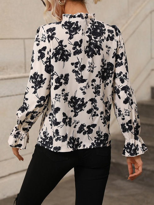 Boho Belle: Frilled Tie Neck Women's Floral Blouse