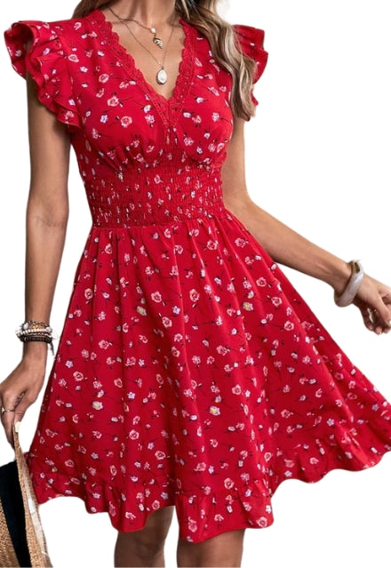 Elchic Allover Floral Print Lace Trim Ruffle Hem Dress