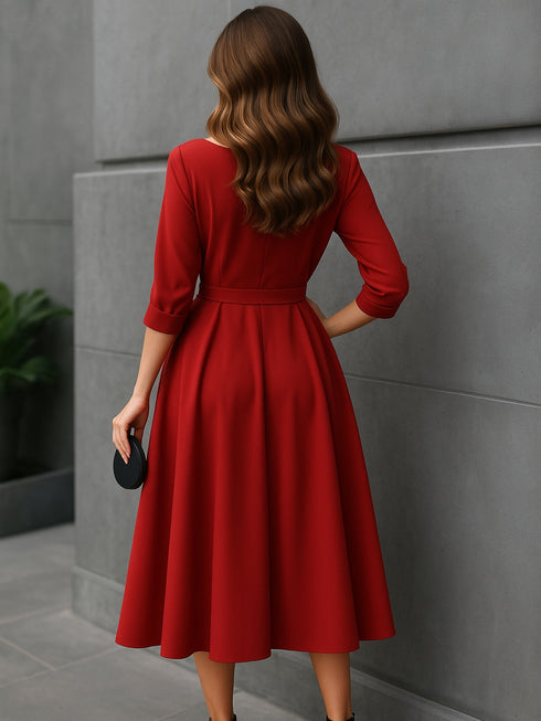 Elchic Solid Sloping Shoulder Tie Mid Sleeve Dress