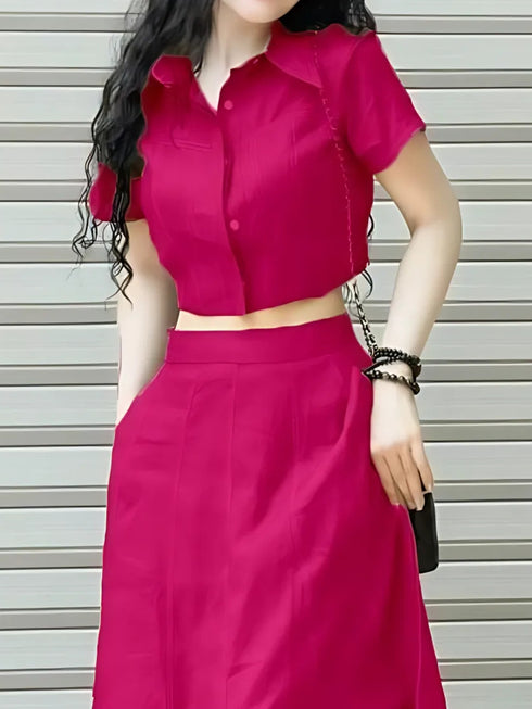 Elchic Collar Neck Crop Top With Solid Long Skirt Set