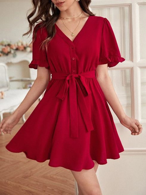 Elchic Flounce Sleeve Casual Charm Belted Dress