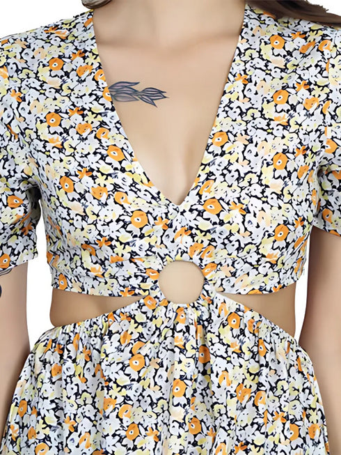 Floral waist cut-out fit & flared dress