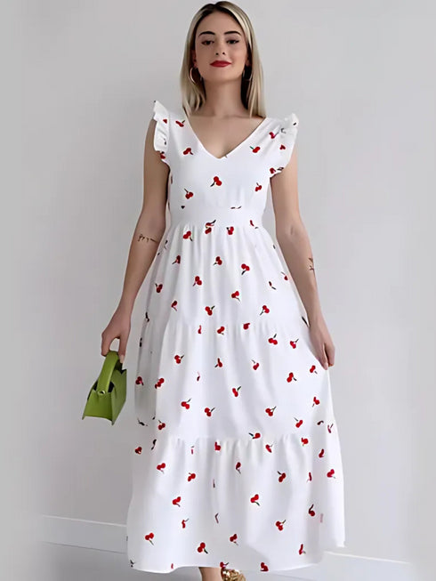 Cherry Print Ruffled Midi Dress