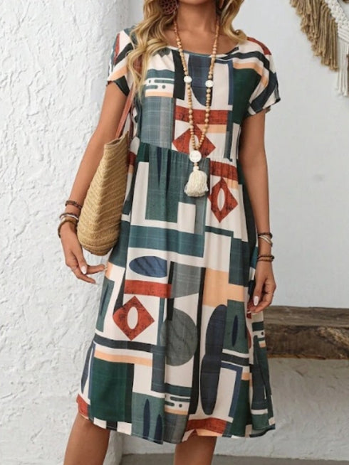 Elchic Geometric Print Round Neck Casual Dress