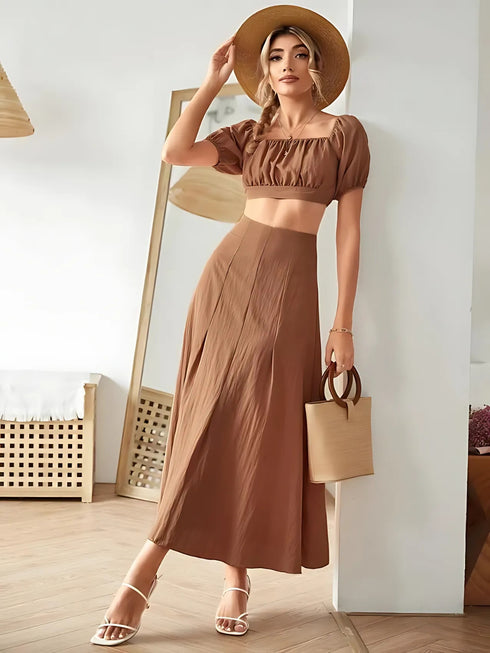 Elchic Ruched Crop Top and Long Skirt Cotton Set