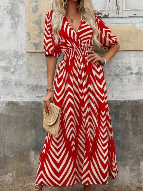 Elchic Geometric Print V-Neck Ruched Waist Dress