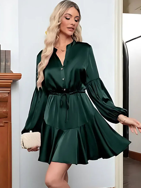 Elchic Lantern Sleeves Ruffle V Neck Mini Dress
