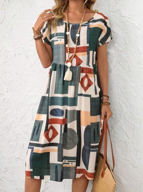 Elchic Geometric Print Round Neck Casual Dress