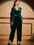Velvet Surplice Jumpsuit with High Waist Belt