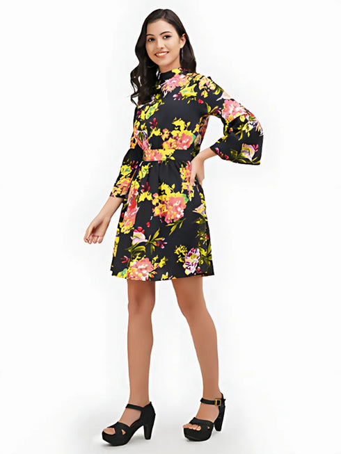 Black Floral Halter Neck Fit & Flare Dress
