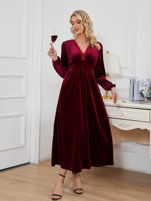 Elchic V Neck Lace Trim Smocked Waist Dress