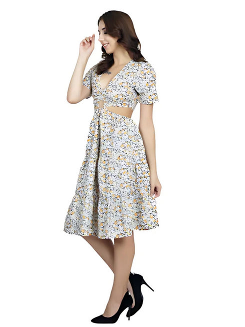 Floral waist cut-out fit & flared dress