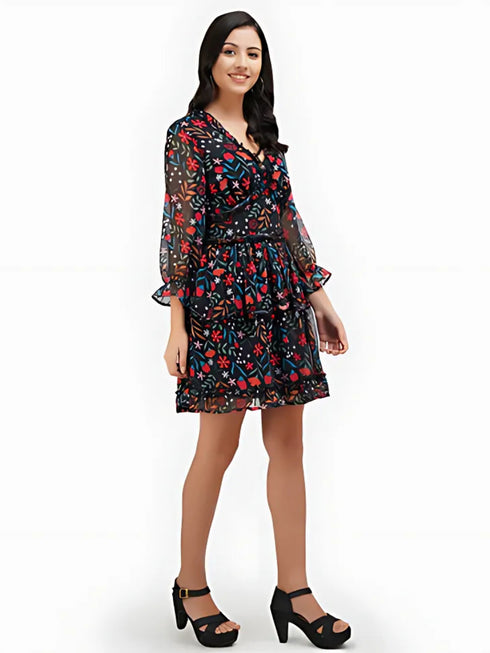 Black Floral Printed Fit & Flare Dress