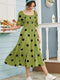 Polka Dot Print Green Midi Dress with Smocking Details