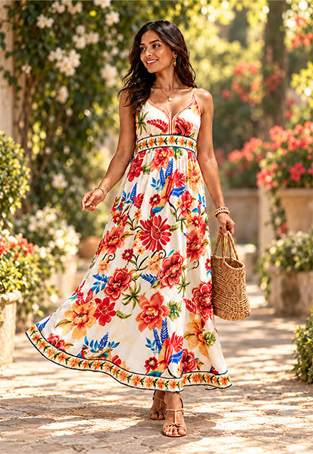 Elchic Tropical Floral Print Spaghetti Strap Maxi Dress