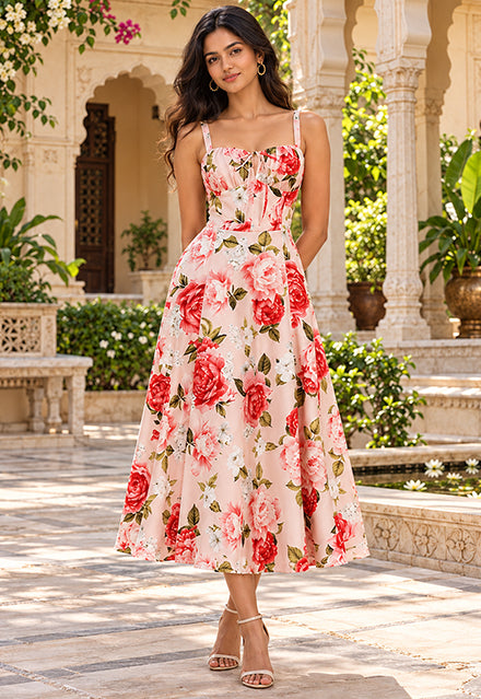 Elchic Sweetheart Neckline Floral Fit And Flare Midi Dress