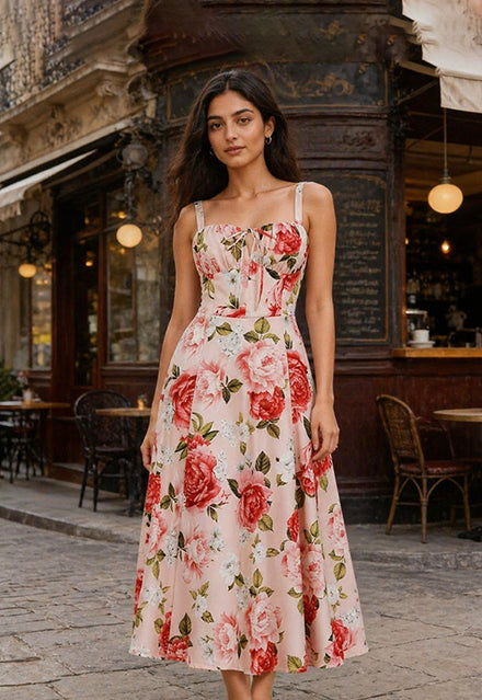 Elchic Sweetheart Neckline Floral Fit And Flare Midi Dress