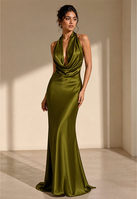 Elchic Olive Backless Satin Dress