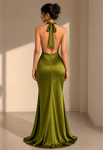 Elchic Olive Backless Satin Dress
