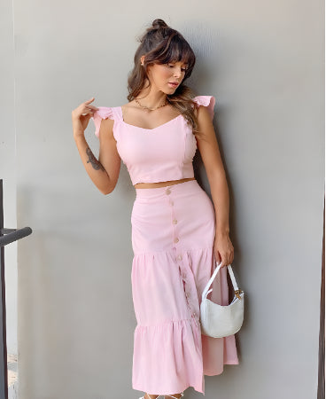 Elchic Bustier Crop Top and Buttoned Down Skirt Cotton Set