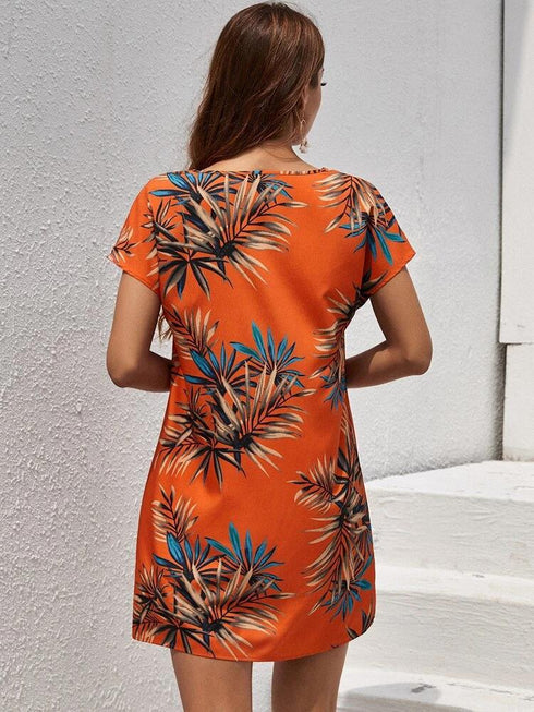 Sunset Breeze: Tropical Floral Print Tunic Summer Dress