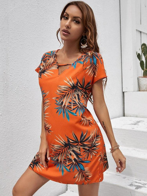 Sunset Breeze: Tropical Floral Print Tunic Summer Dress