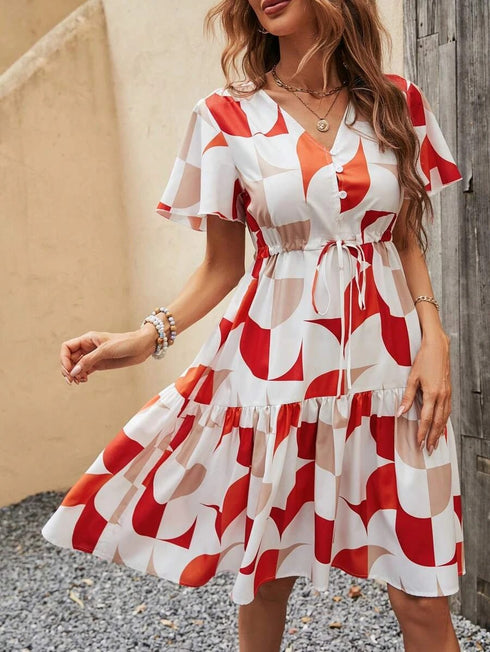 Elchic Geo Print Knot Front Ruffle Dress