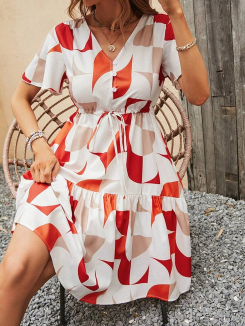 Elchic Geo Print Knot Front Ruffle Dress