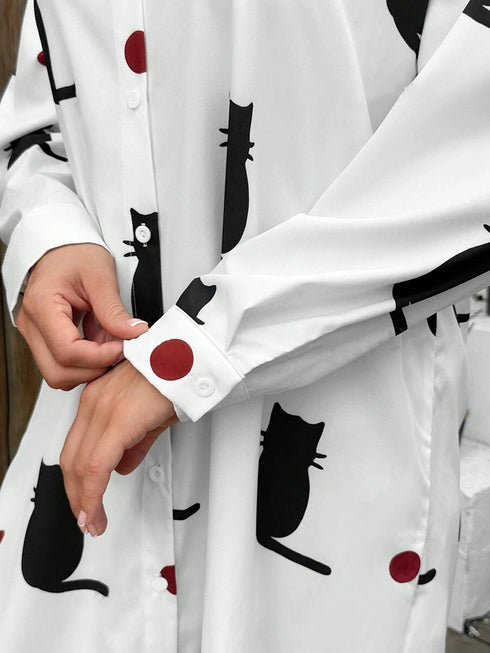 Elchic Wild Whimsy Cat Print Full Sleeves Mini Dress