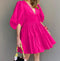 Hot Pink Puff Sleeves Flared Dress