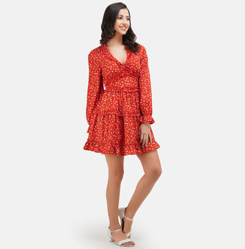 Orange & Yellow Floral Printed Fit & Flare Dress