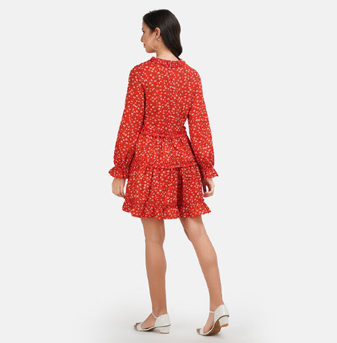 Orange & Yellow Floral Printed Fit & Flare Dress